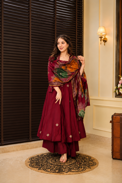 Wine Rayon Cotton Anarkali Suit Set with Heavy Zari Work
