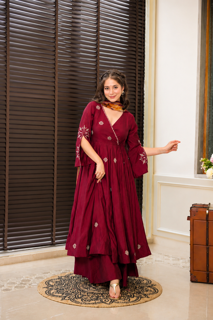 Wine Rayon Cotton Anarkali Suit Set with Heavy Zari Work