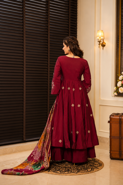 Wine Rayon Cotton Anarkali Suit Set with Heavy Zari Work