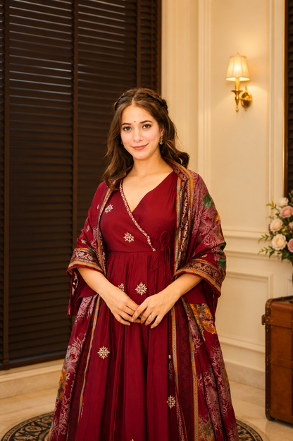 Wine Rayon Cotton Anarkali Suit Set with Heavy Zari Work