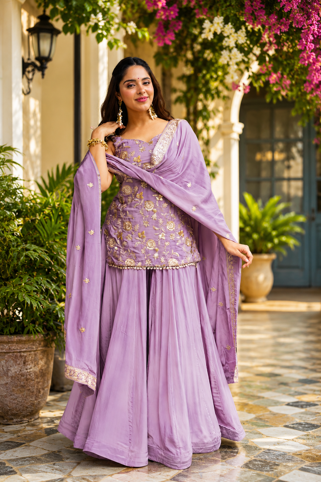 Lavender Heavy Diamond Silk Sharara Set with Sequins & Zari Work