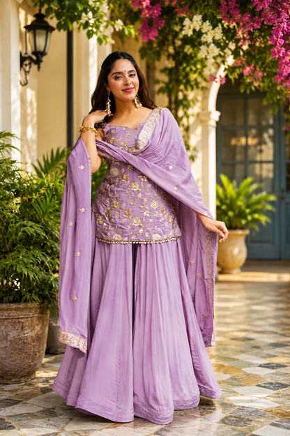 Lavender Heavy Diamond Silk Sharara Set with Sequins & Zari Work