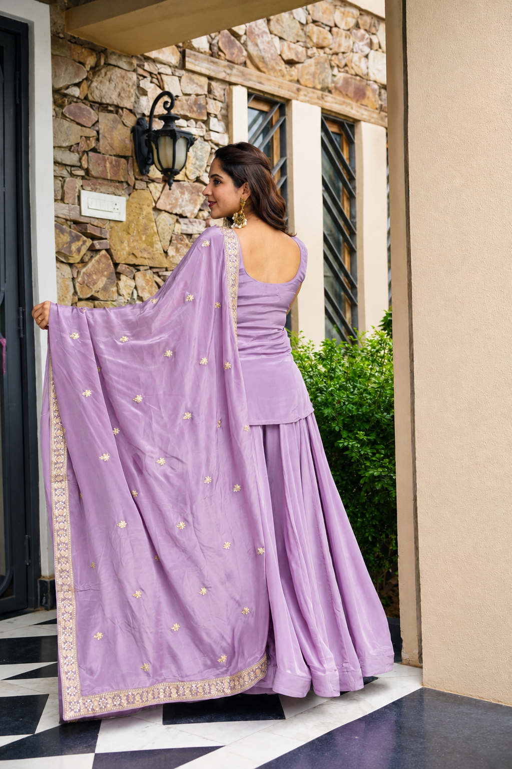 Lavender Heavy Diamond Silk Sharara Set with Sequins & Zari Work