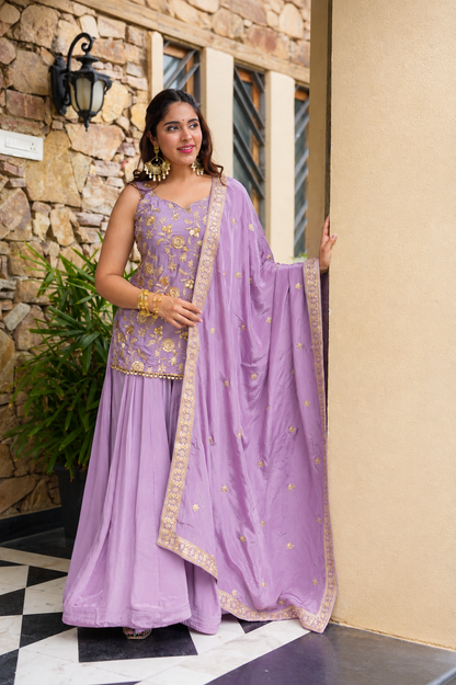Lavender Heavy Diamond Silk Sharara Set with Sequins & Zari Work