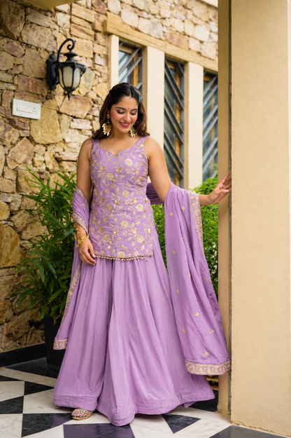 Lavender Heavy Diamond Silk Sharara Set with Sequins & Zari Work