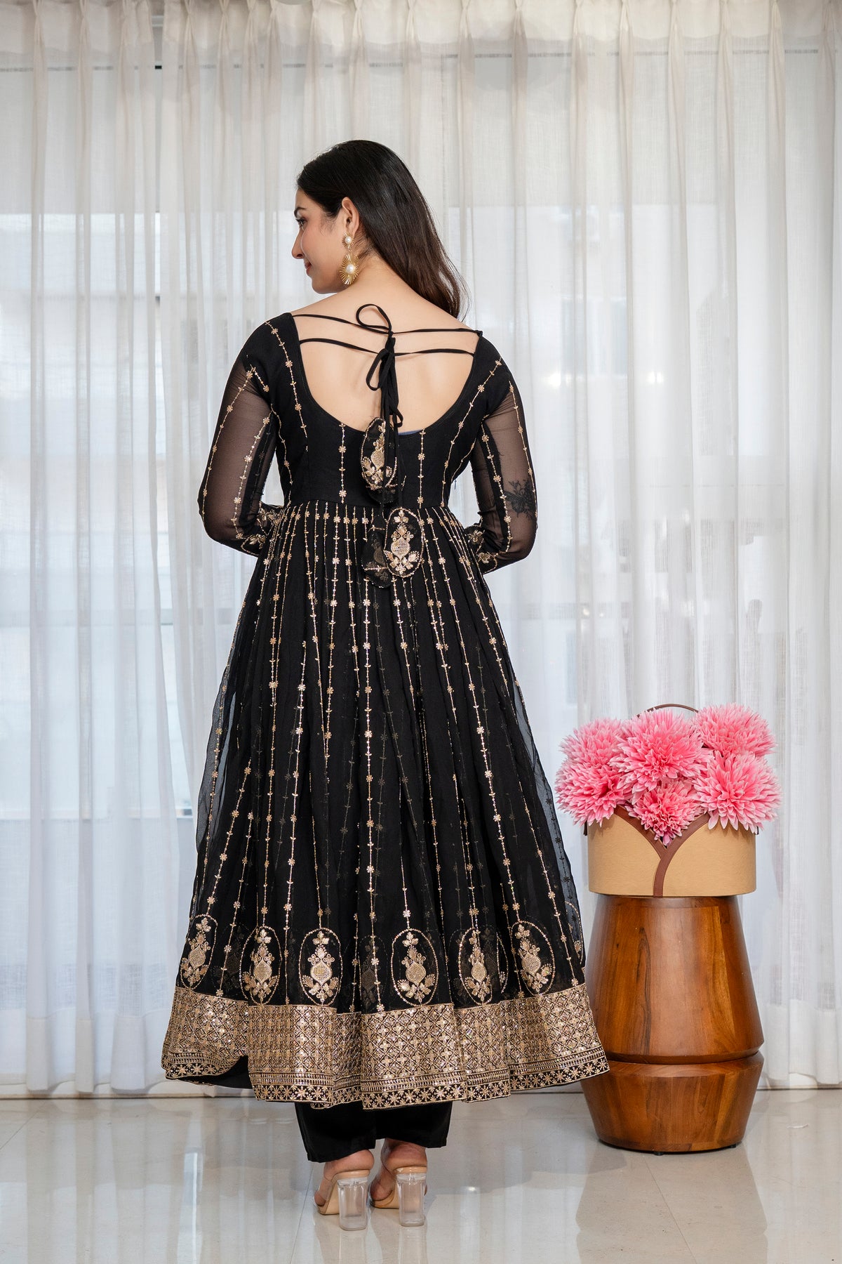 Black Faux Blooming Kali Cut Anarkali Suit with Heavy Zari Embroidery & Gota Patti Dupatta