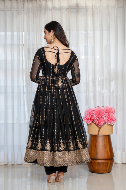 Black Faux Blooming Kali Cut Anarkali Suit with Heavy Zari Embroidery & Gota Patti Dupatta