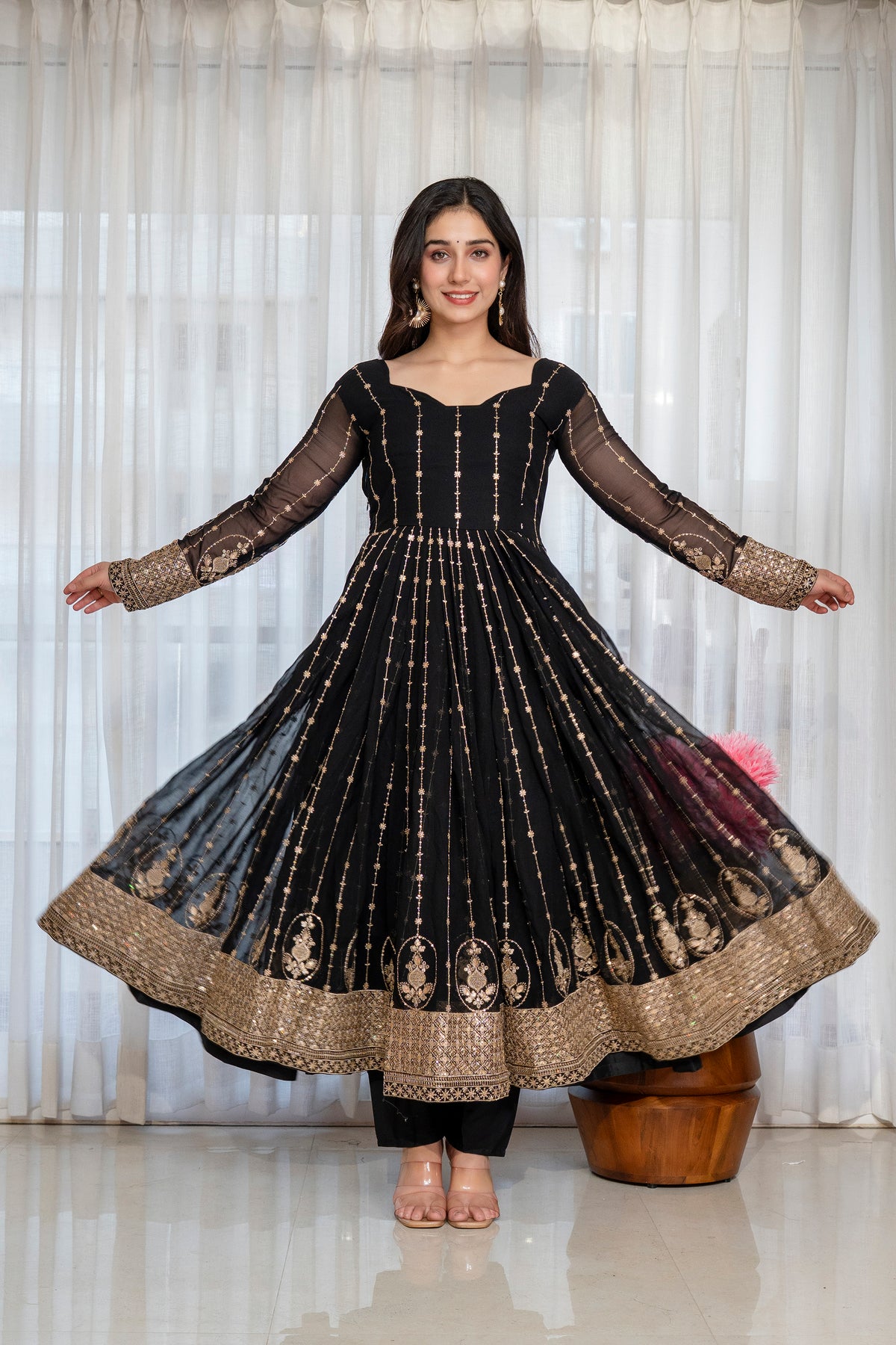 Black Faux Blooming Kali Cut Anarkali Suit with Heavy Zari Embroidery & Gota Patti Dupatta