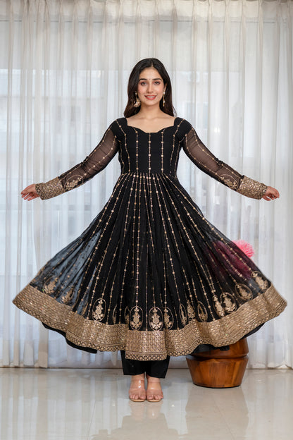Black Faux Blooming Kali Cut Anarkali Suit with Heavy Zari Embroidery & Gota Patti Dupatta