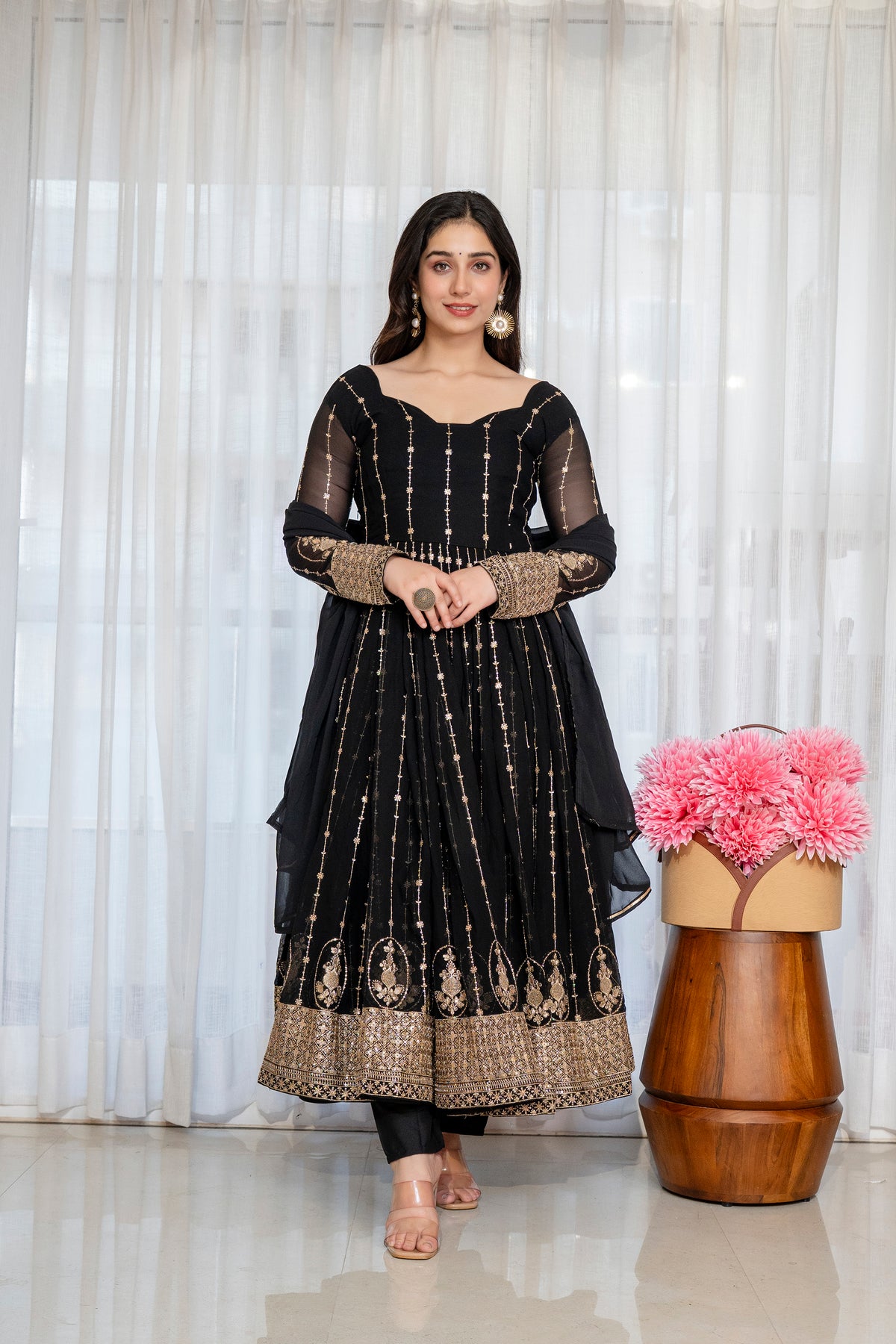 Black Faux Blooming Kali Cut Anarkali Suit with Heavy Zari Embroidery & Gota Patti Dupatta