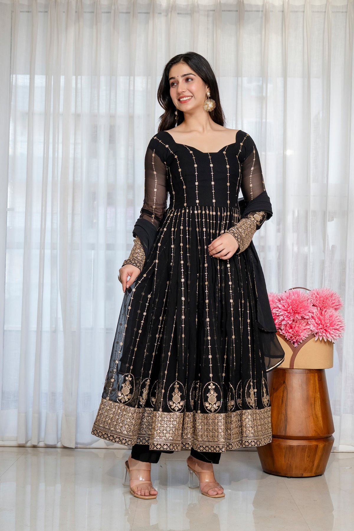 Black Faux Blooming Kali Cut Anarkali Suit with Heavy Zari Embroidery & Gota Patti Dupatta