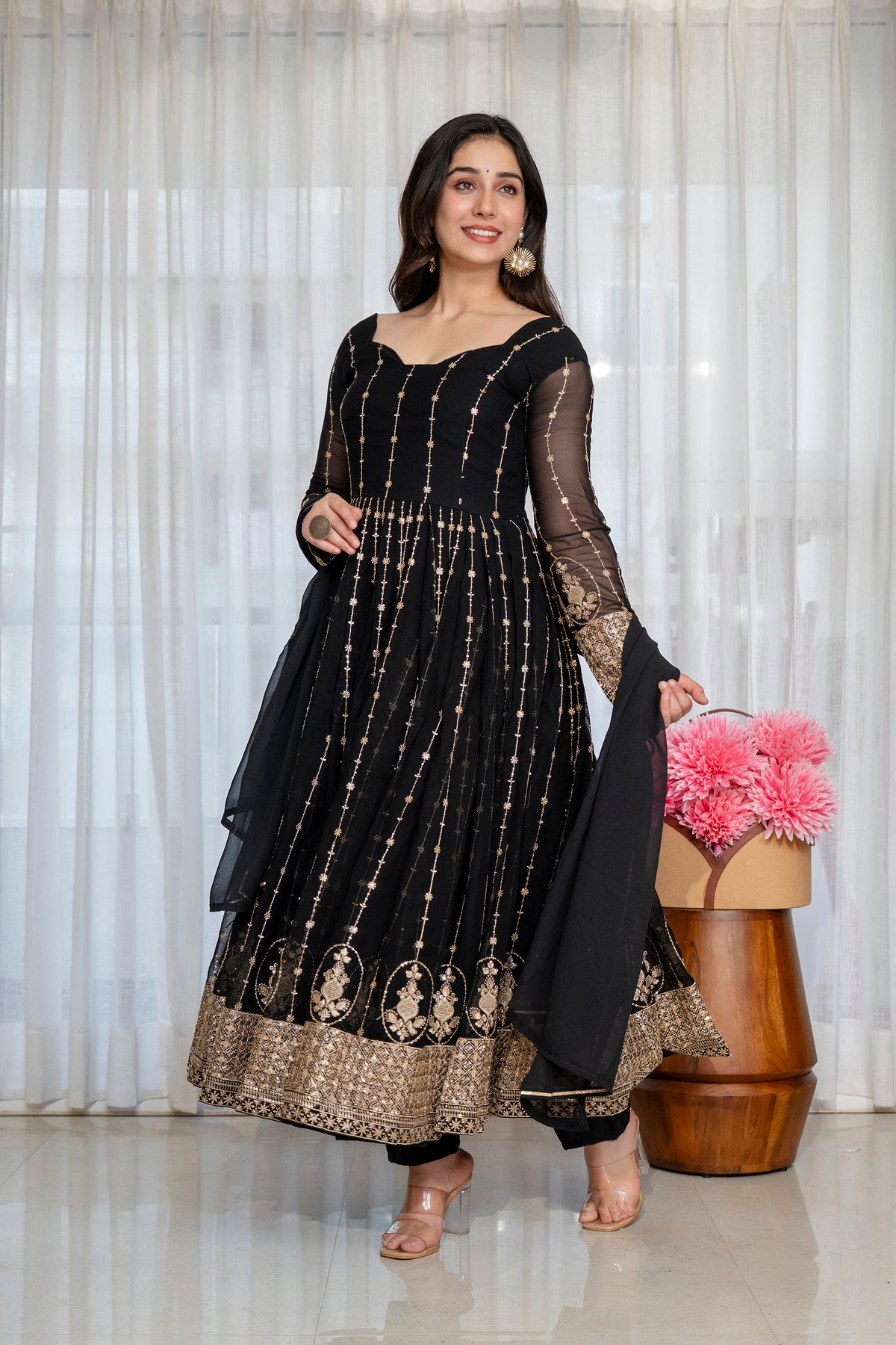 Black Faux Blooming Kali Cut Anarkali Suit with Heavy Zari Embroidery & Gota Patti Dupatta