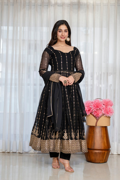 Black Faux Blooming Kali Cut Anarkali Suit with Heavy Zari Embroidery & Gota Patti Dupatta