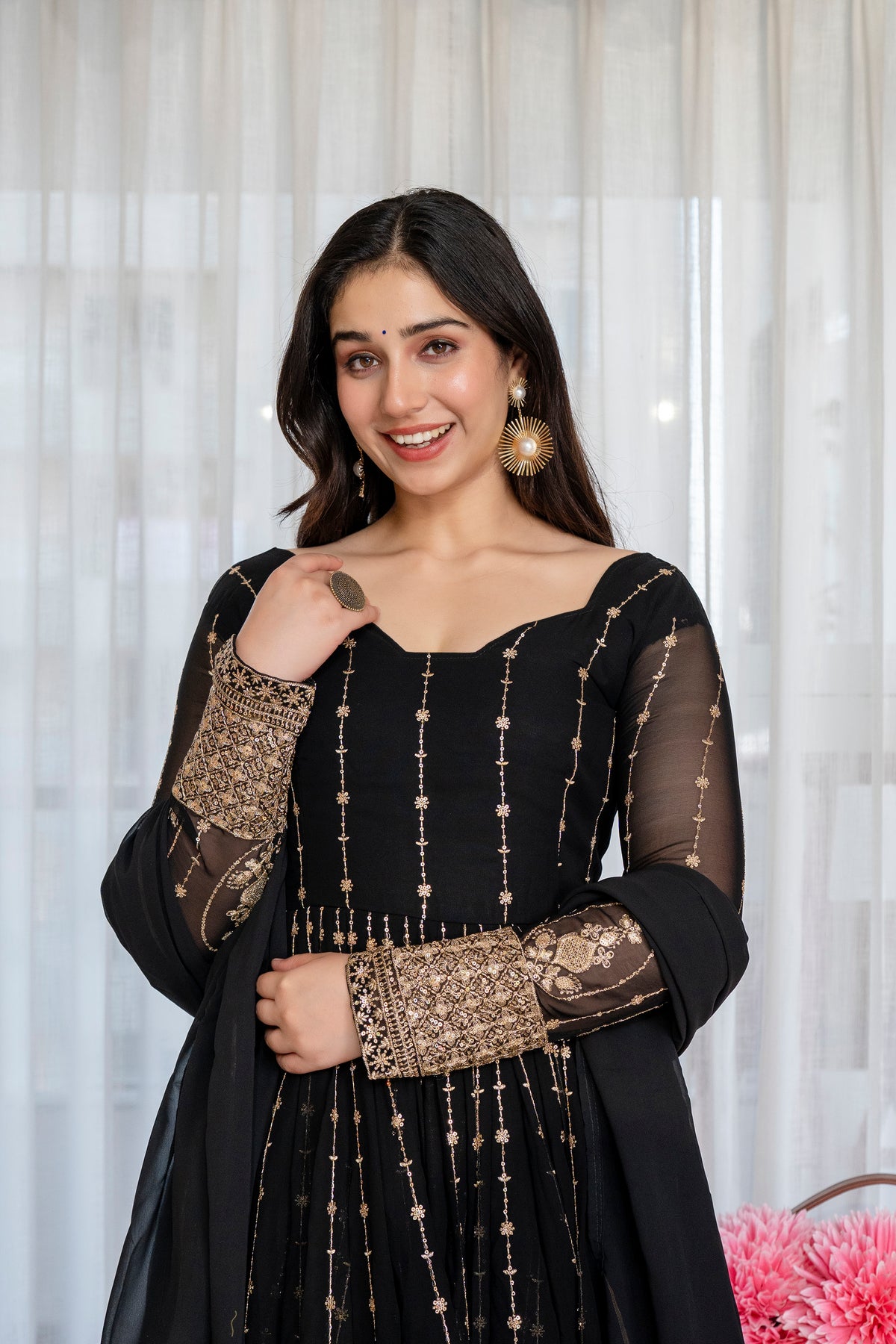 Black Faux Blooming Kali Cut Anarkali Suit with Heavy Zari Embroidery & Gota Patti Dupatta