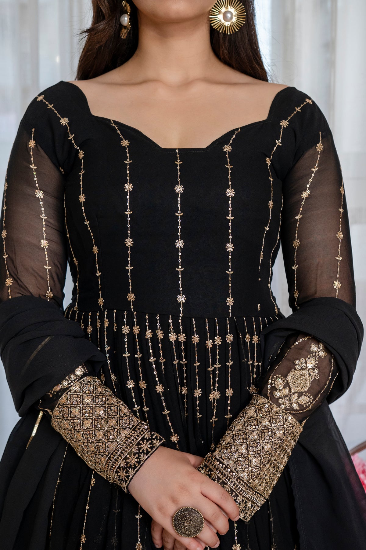 Black Faux Blooming Kali Cut Anarkali Suit with Heavy Zari Embroidery & Gota Patti Dupatta