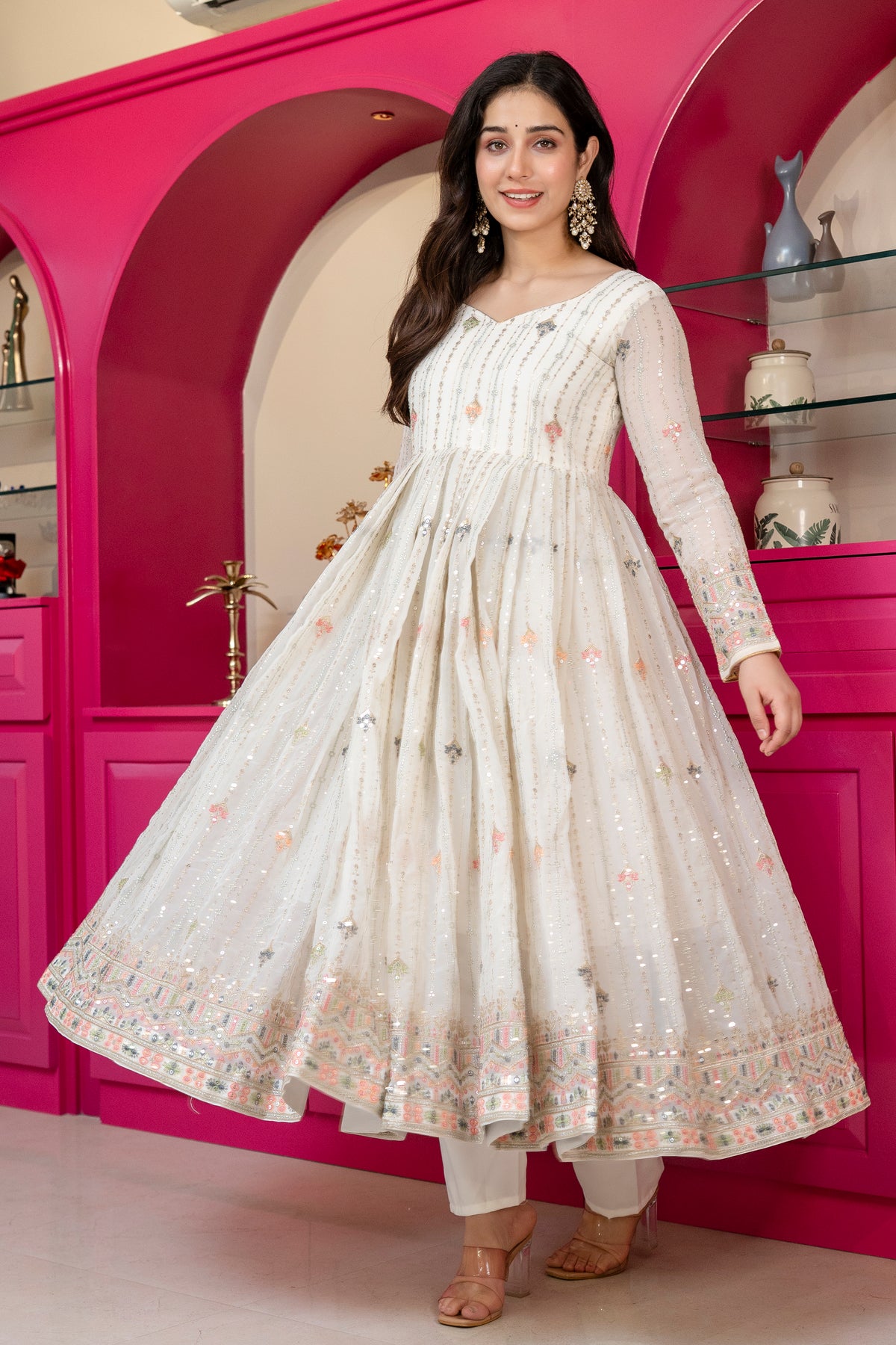 Elegant Ivory Faux Blooming Embroidered Anarkali Suit Set with Dupatta