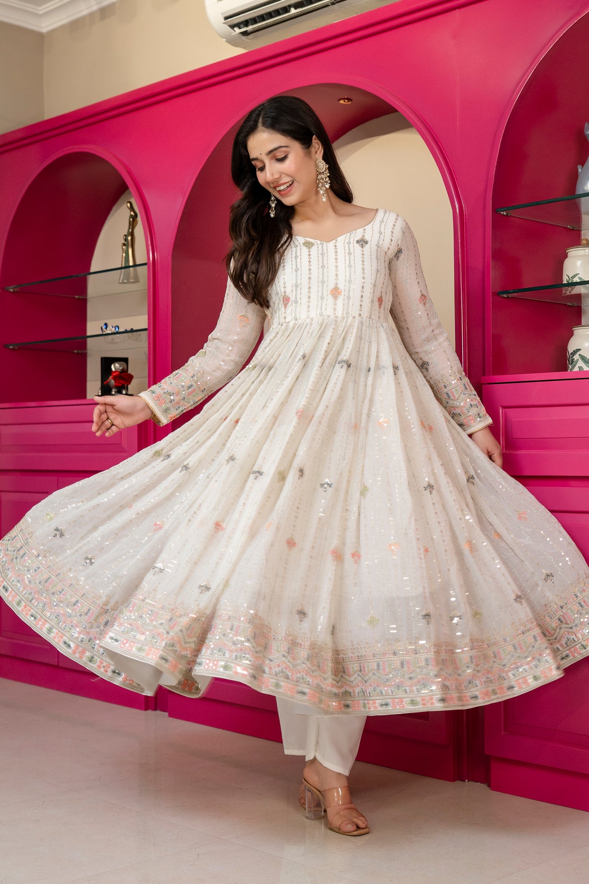 Elegant Ivory Faux Blooming Embroidered Anarkali Suit Set with Dupatta
