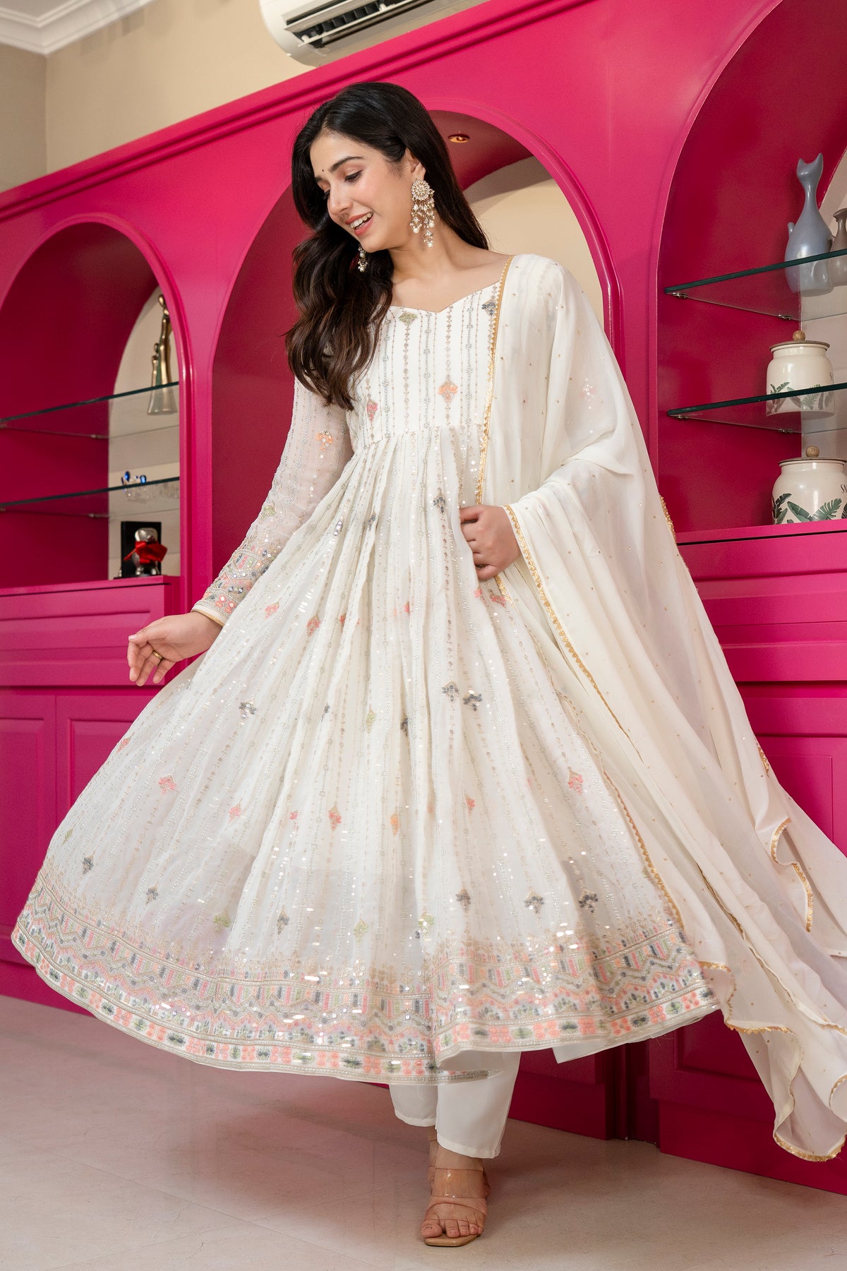 Elegant Ivory Faux Blooming Embroidered Anarkali Suit Set with Dupatta