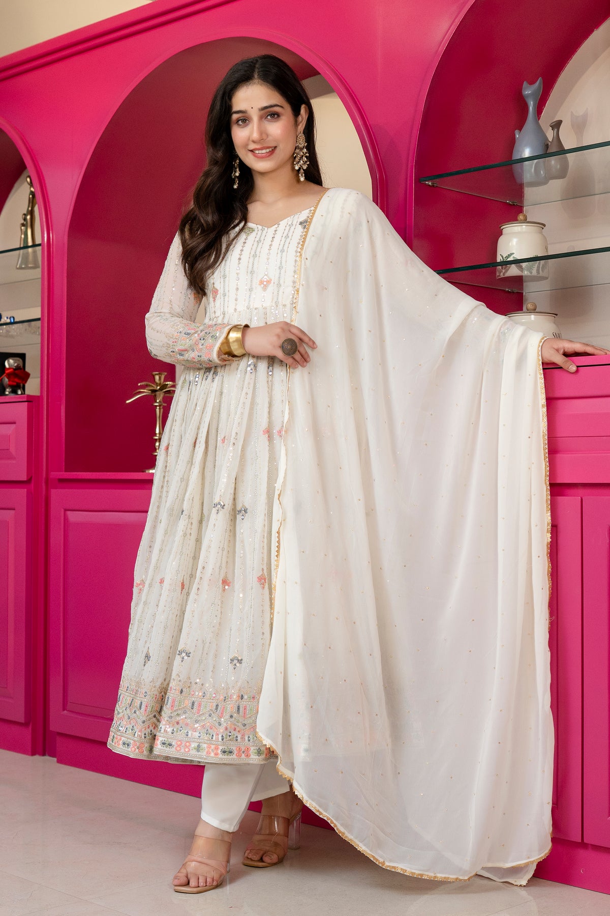 Elegant Ivory Faux Blooming Embroidered Anarkali Suit Set with Dupatta