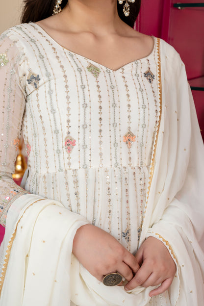 Elegant Ivory Faux Blooming Embroidered Anarkali Suit Set with Dupatta