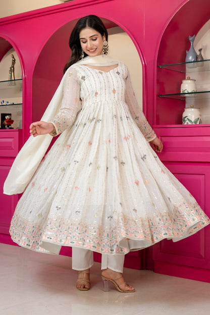 Elegant Ivory Faux Blooming Embroidered Anarkali Suit Set with Dupatta