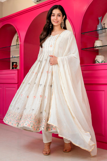 Elegant Ivory Faux Blooming Embroidered Anarkali Suit Set with Dupatta