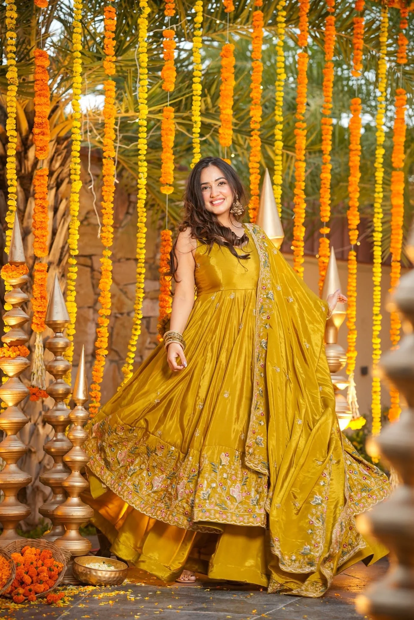 Women's Mustard Yellow Premium Heavy Silk Gown Set with Multi 3mm & 5mm Sequins & Fine Thread Embroidery with Heavy Silk Dupatta