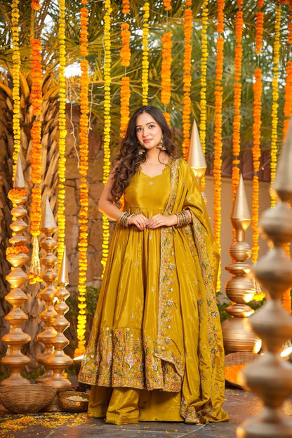 Women's Mustard Yellow Premium Heavy Silk Gown Set with Multi 3mm & 5mm Sequins & Fine Thread Embroidery with Heavy Silk Dupatta