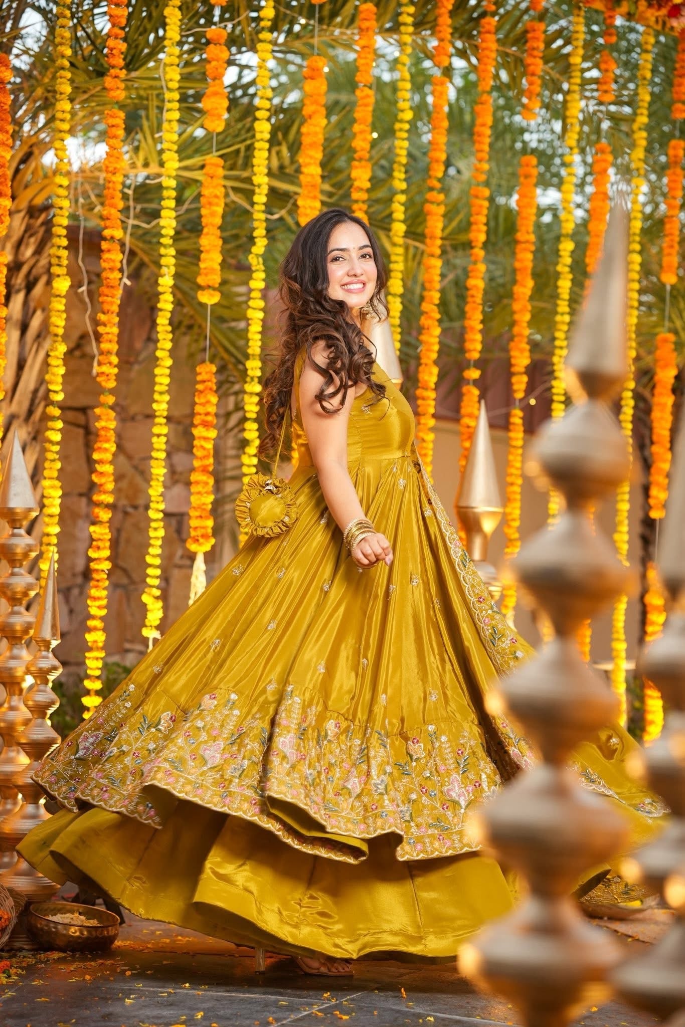 Women's Mustard Yellow Premium Heavy Silk Gown Set with Multi 3mm & 5mm Sequins & Fine Thread Embroidery with Heavy Silk Dupatta