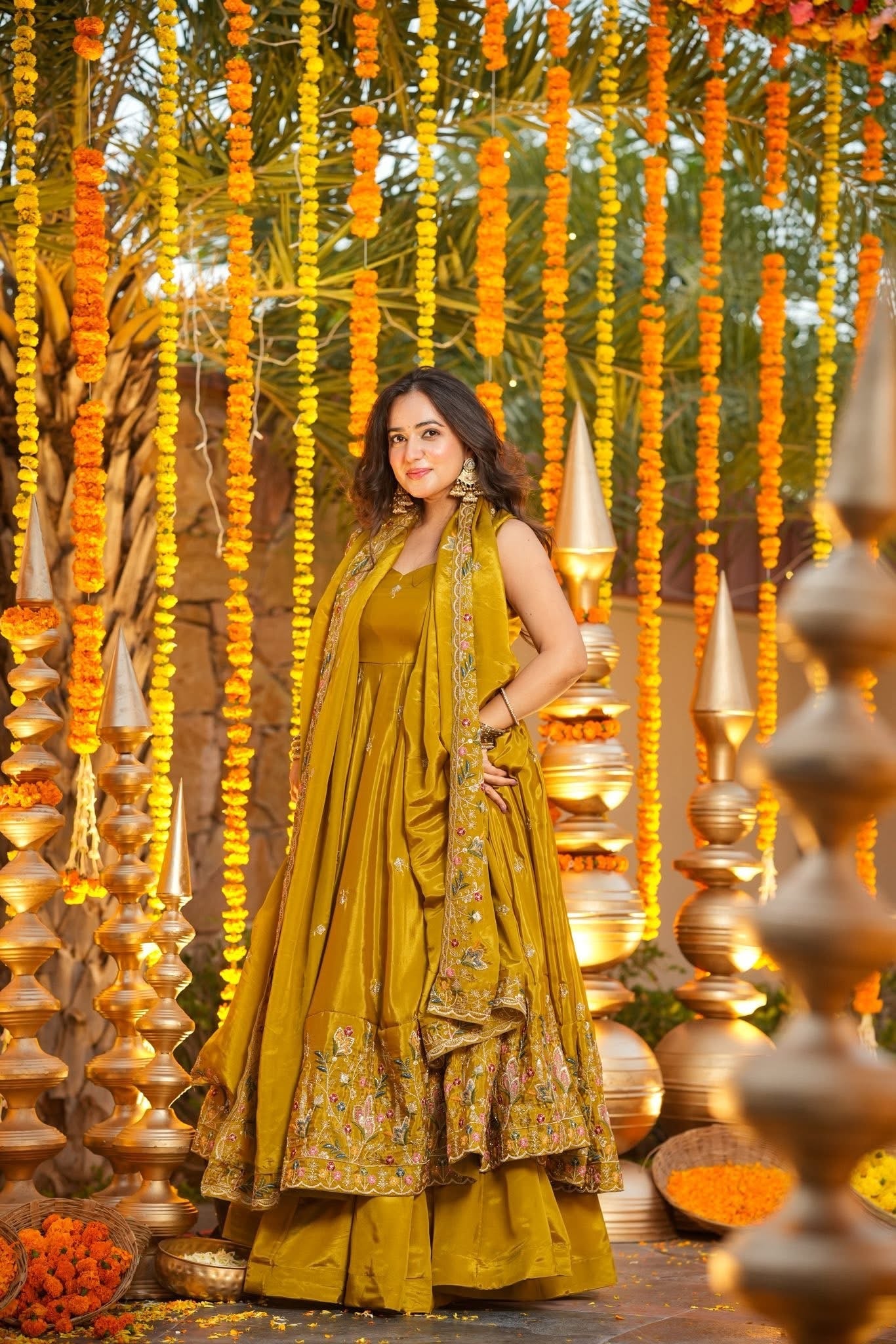Women's Mustard Yellow Premium Heavy Silk Gown Set with Multi 3mm & 5mm Sequins & Fine Thread Embroidery with Heavy Silk Dupatta