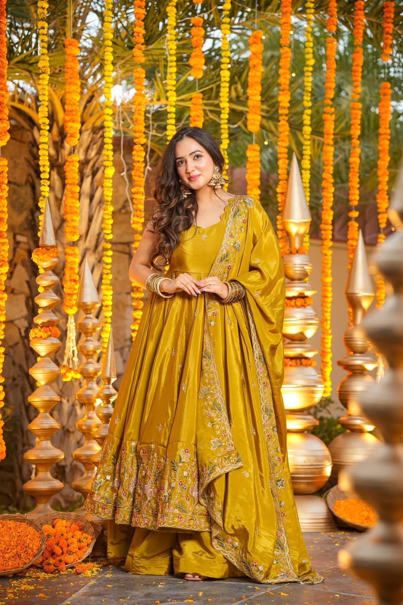 Women's Mustard Yellow Premium Heavy Silk Gown Set with Multi 3mm & 5mm Sequins & Fine Thread Embroidery with Heavy Silk Dupatta