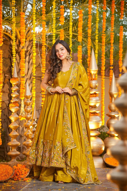 Women's Mustard Yellow Premium Heavy Silk Gown Set with Multi 3mm & 5mm Sequins & Fine Thread Embroidery with Heavy Silk Dupatta