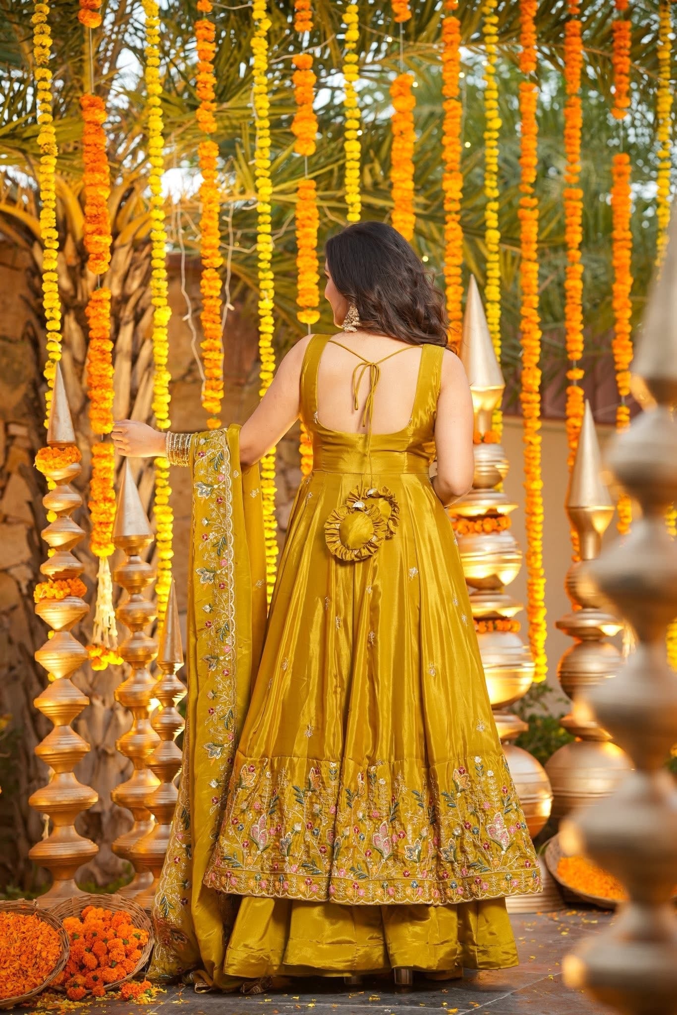 Women's Mustard Yellow Premium Heavy Silk Gown Set with Multi 3mm & 5mm Sequins & Fine Thread Embroidery with Heavy Silk Dupatta