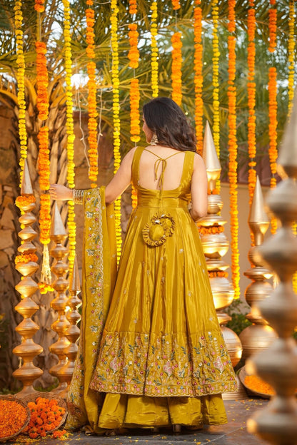 Women's Mustard Yellow Premium Heavy Silk Gown Set with Multi 3mm & 5mm Sequins & Fine Thread Embroidery with Heavy Silk Dupatta