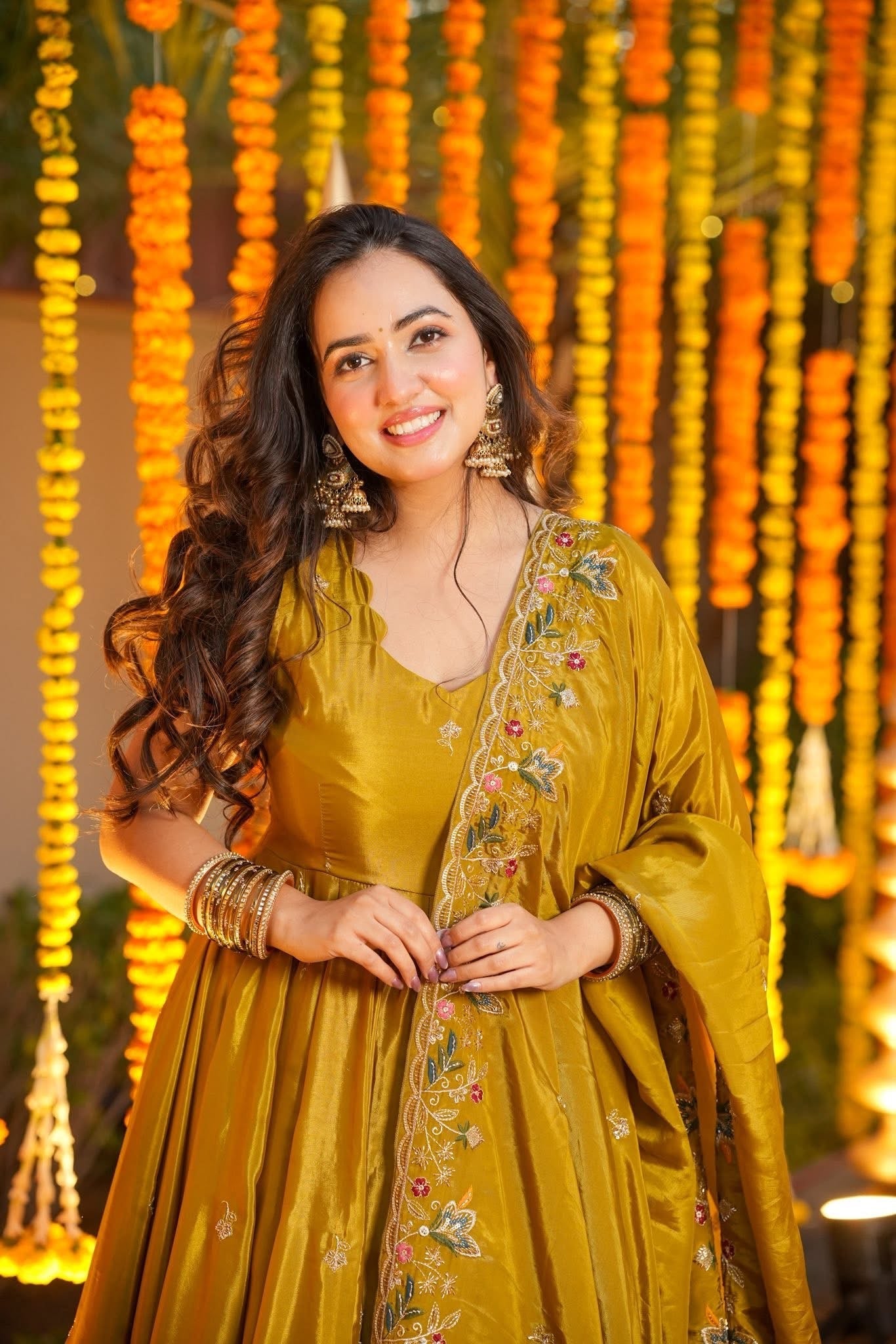 Women's Mustard Yellow Premium Heavy Silk Gown Set with Multi 3mm & 5mm Sequins & Fine Thread Embroidery with Heavy Silk Dupatta