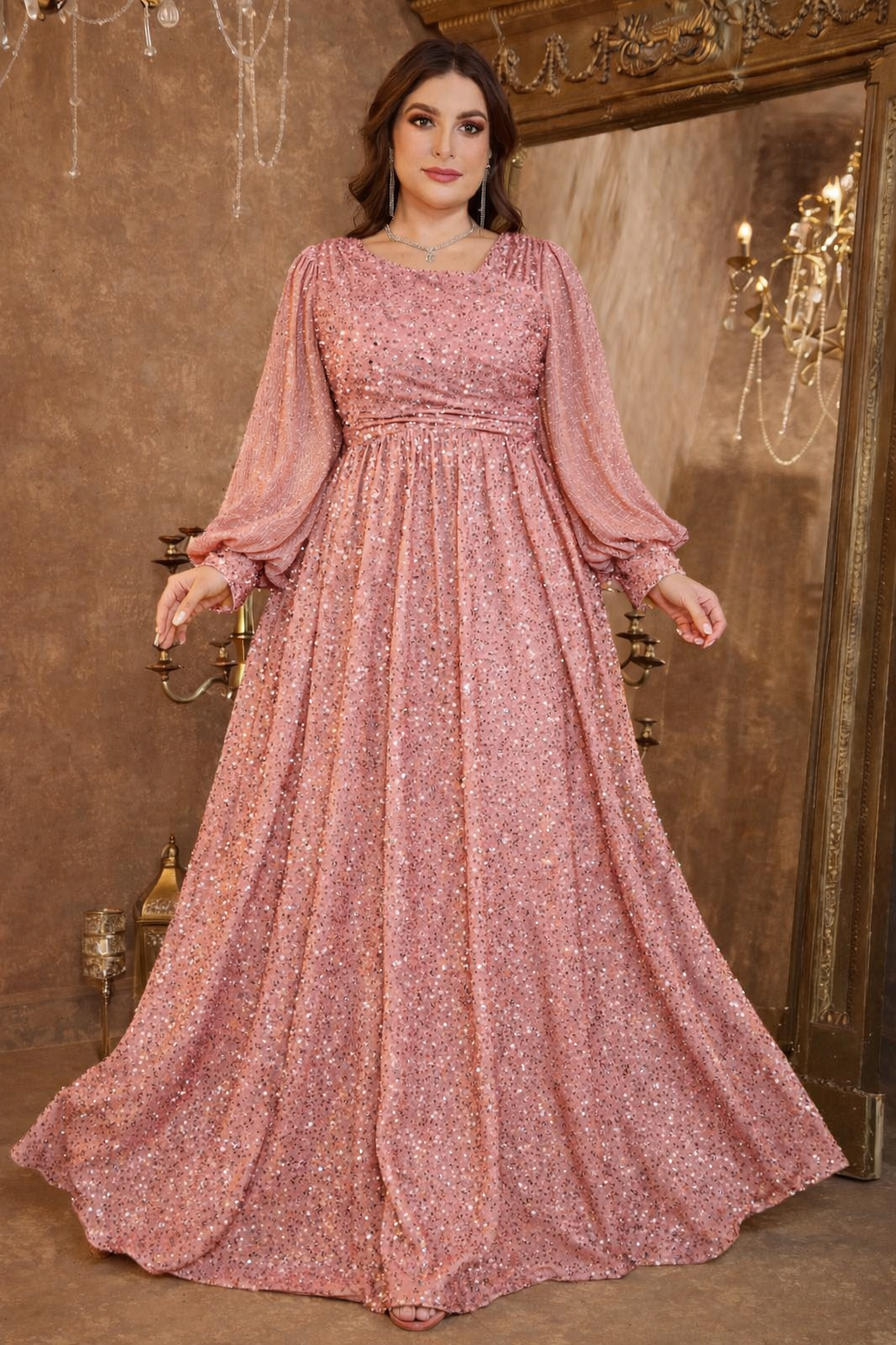 Rovika Fashion Women's Blush Pink Heavy Sequin Balloon Sleeve Evening Gown