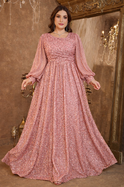 Rovika Fashion Women's Blush Pink Heavy Sequin Balloon Sleeve Evening Gown
