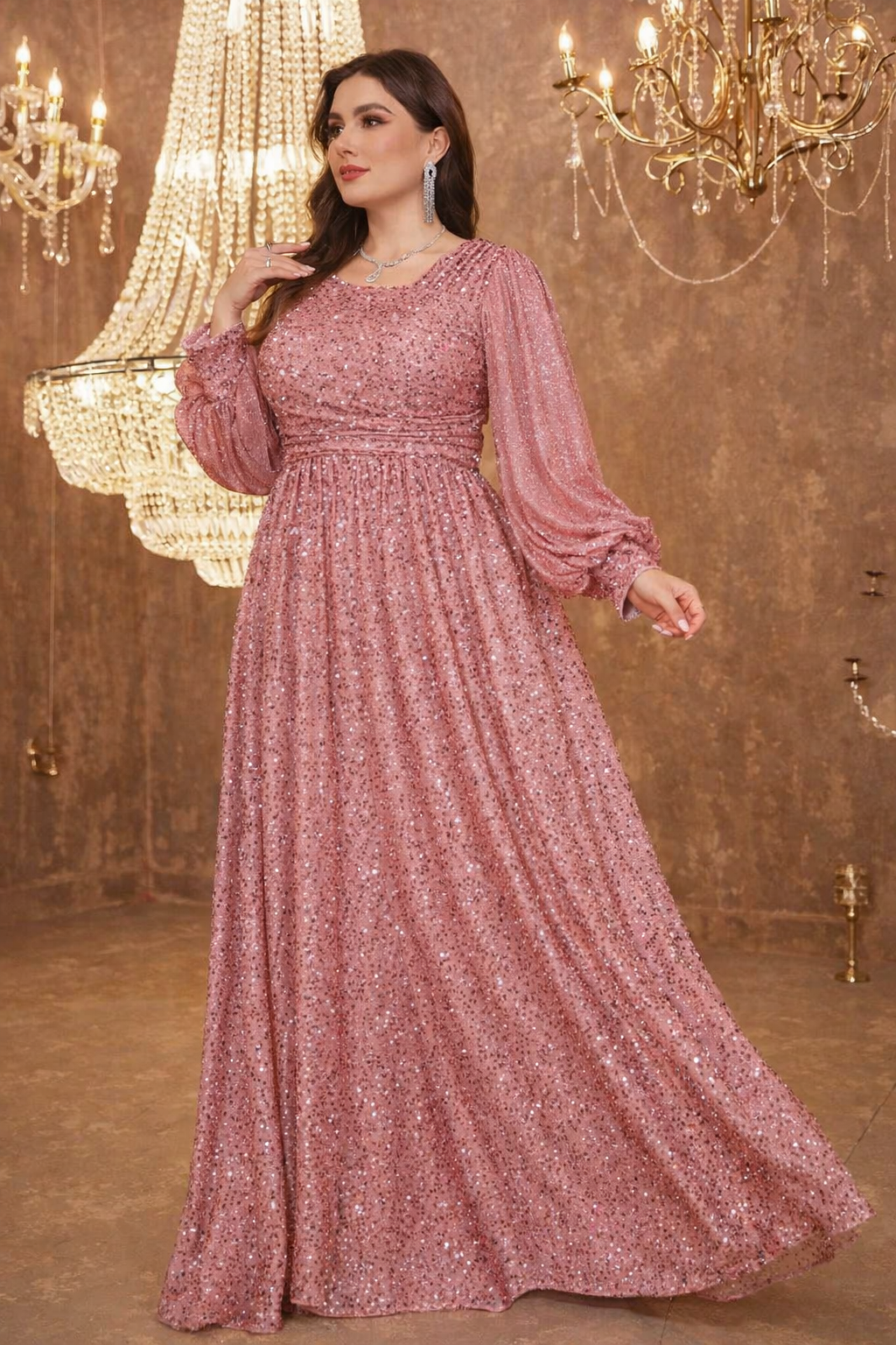 Rovika Fashion Women's Blush Pink Heavy Sequin Balloon Sleeve Evening Gown