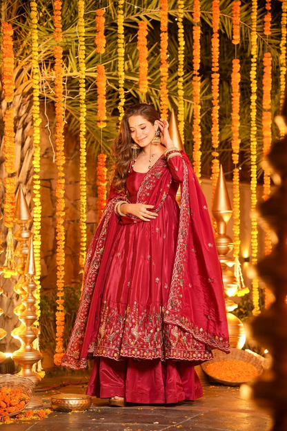 Women's Red Premium Heavy Silk Gown Set with Multi 3mm & 5mm Sequins & Fine Thread Embroidery with Heavy Silk Dupatta