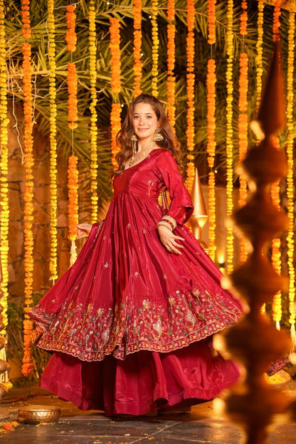Women's Red Premium Heavy Silk Gown Set with Multi 3mm & 5mm Sequins & Fine Thread Embroidery with Heavy Silk Dupatta