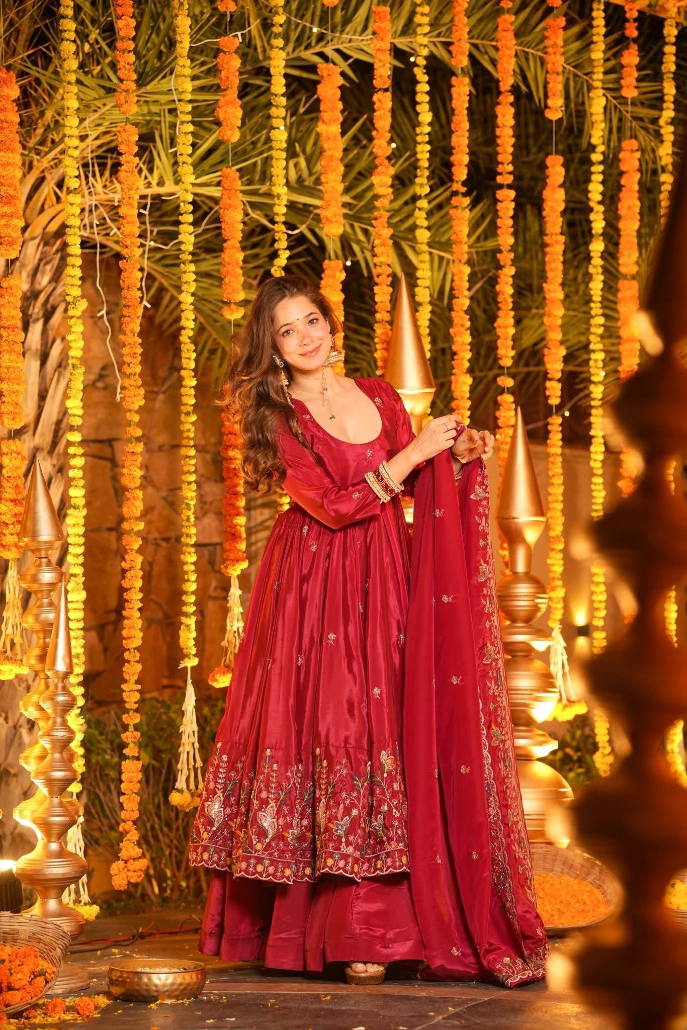 Women's Red Premium Heavy Silk Gown Set with Multi 3mm & 5mm Sequins & Fine Thread Embroidery with Heavy Silk Dupatta