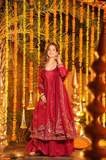 Women's Red Premium Heavy Silk Gown Set with Multi 3mm & 5mm Sequins & Fine Thread Embroidery with Heavy Silk Dupatta