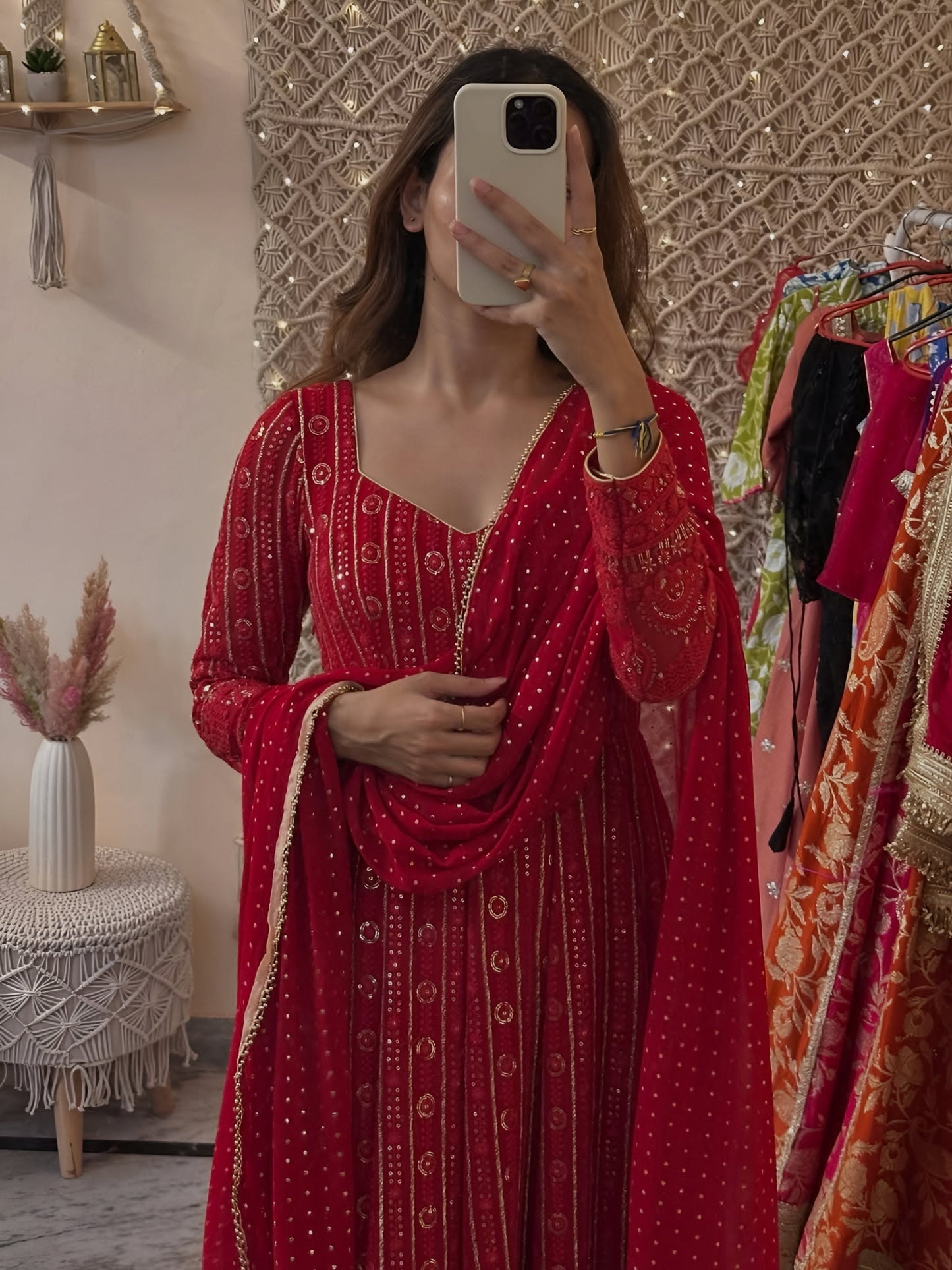 Women's Red Embroidered Anarkali Suit Set with Pant & Dupatta | Festive & Wedding Wear