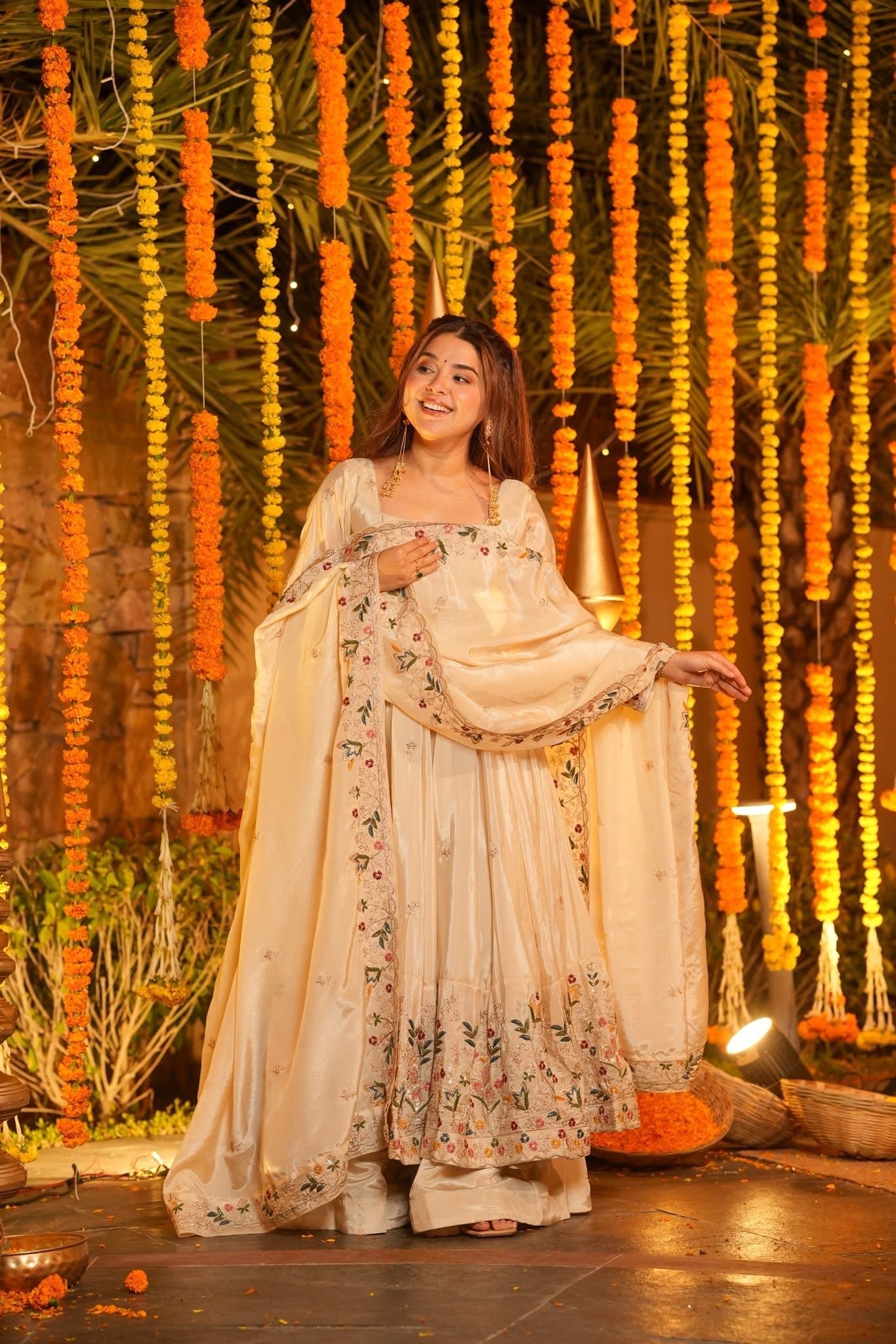 Women's Ivory Cream Premium Heavy Silk Gown Set with Multi 3mm & 5mm Sequins & Fine Thread Embroidery with Heavy Silk Dupatta