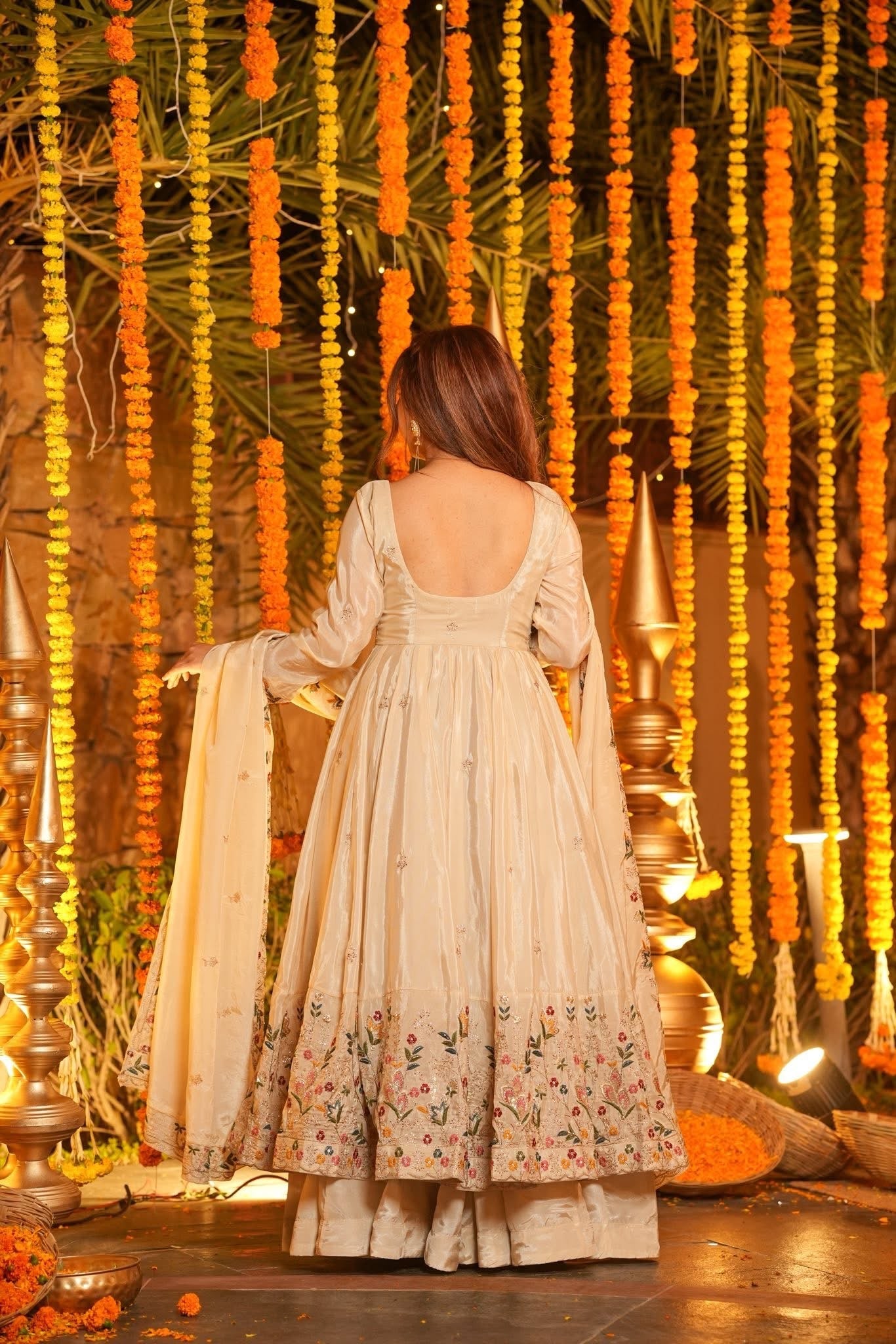 Women's Ivory Cream Premium Heavy Silk Gown Set with Multi 3mm & 5mm Sequins & Fine Thread Embroidery with Heavy Silk Dupatta