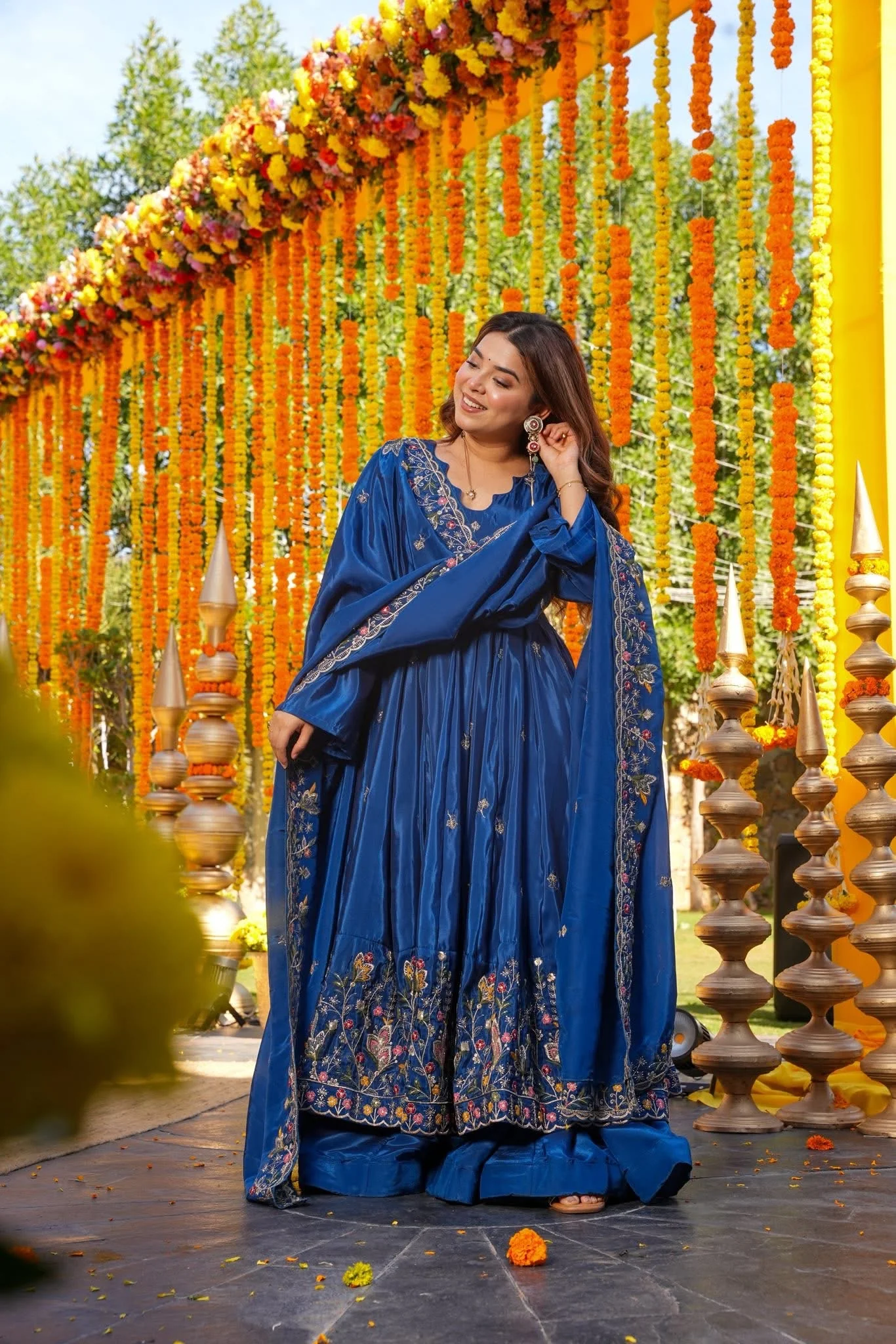 Women's Royal Blue Premium Heavy Silk Gown Set with Multi 3mm & 5mm Sequins & Fine Thread Embroidery with Heavy Silk Dupatta