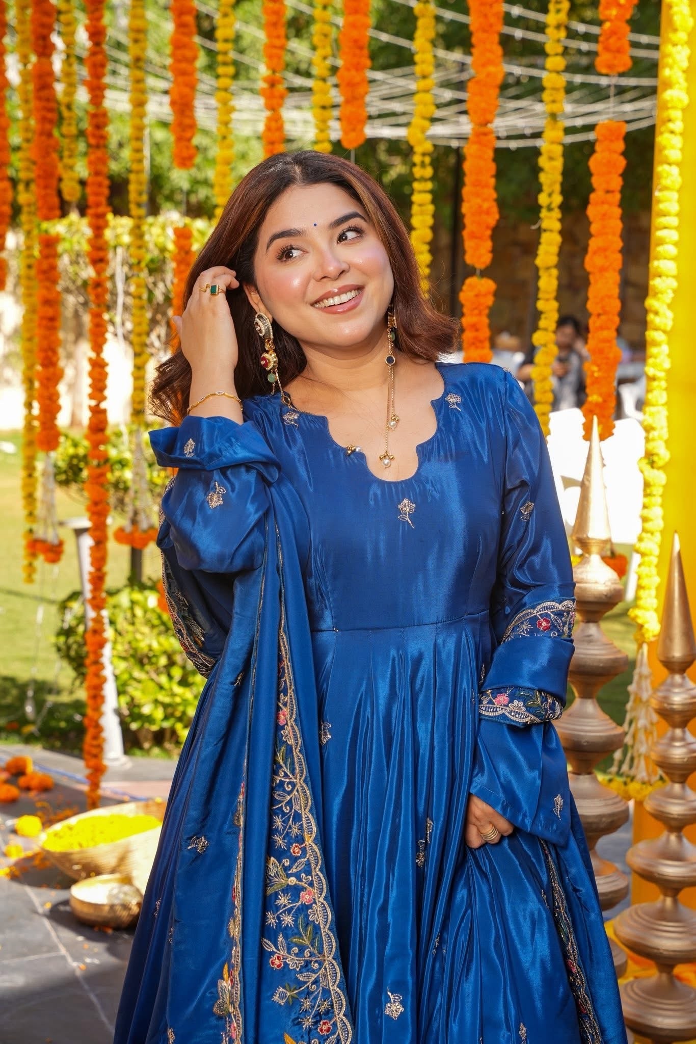 Women's Royal Blue Premium Heavy Silk Gown Set with Multi 3mm & 5mm Sequins & Fine Thread Embroidery with Heavy Silk Dupatta