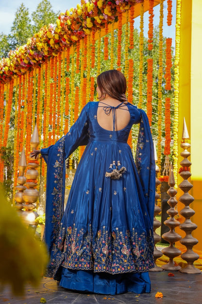 Women's Royal Blue Premium Heavy Silk Gown Set with Multi 3mm & 5mm Sequins & Fine Thread Embroidery with Heavy Silk Dupatta
