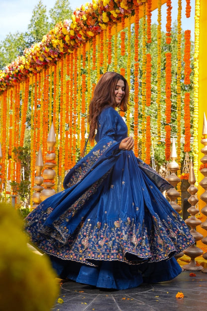 Women's Royal Blue Premium Heavy Silk Gown Set with Multi 3mm & 5mm Sequins & Fine Thread Embroidery with Heavy Silk Dupatta