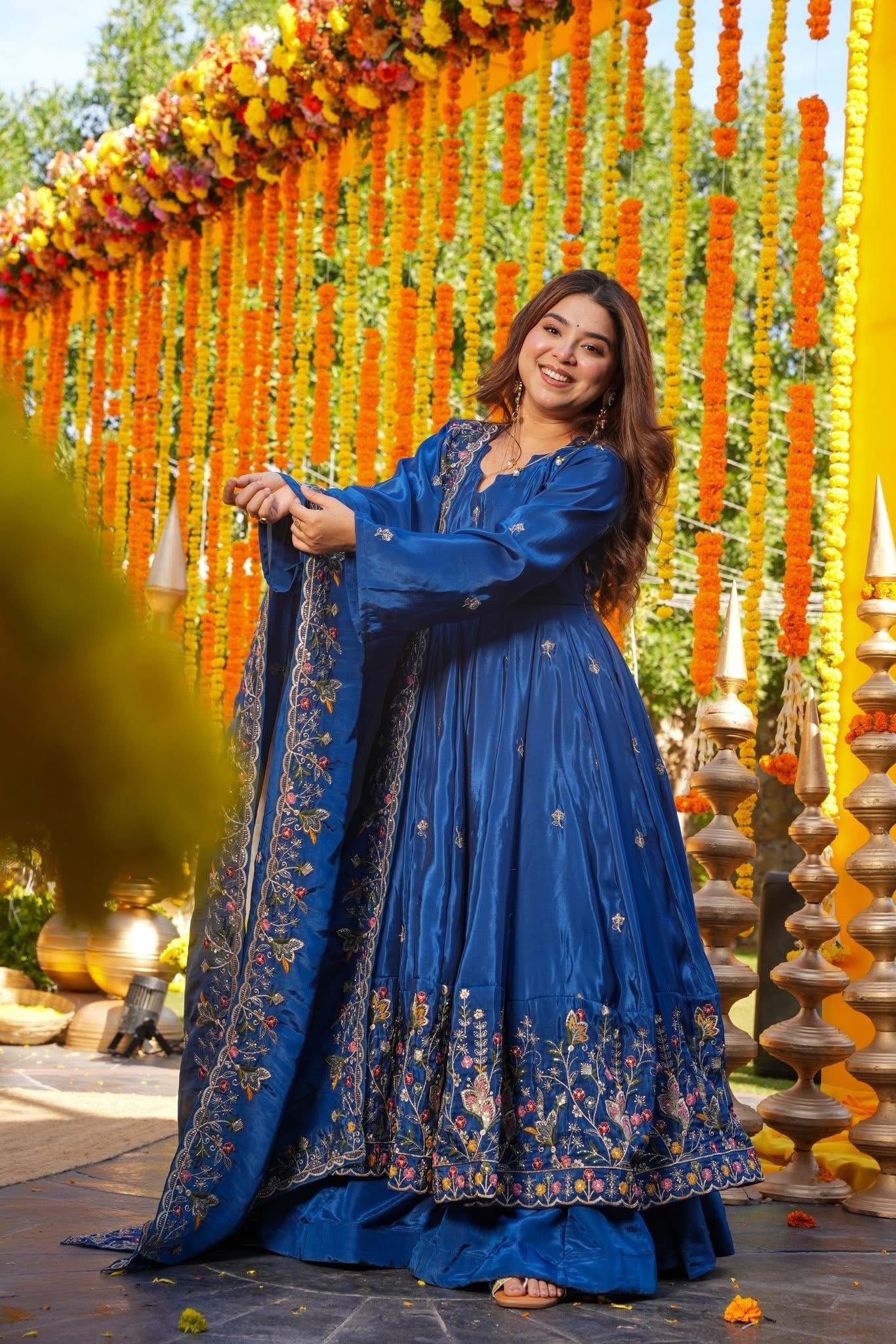 Women's Royal Blue Premium Heavy Silk Gown Set with Multi 3mm & 5mm Sequins & Fine Thread Embroidery with Heavy Silk Dupatta